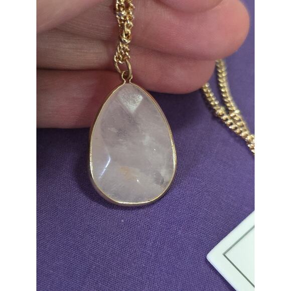 Rose Quartz Teardrop Pendant Necklace On Gold Tone Satellite Station Chain - Picture 4 of 9